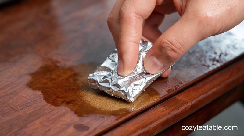 一只手用香烟盒锡箔纸蘸水轻柔擦拭木质茶几表面深色茶渍