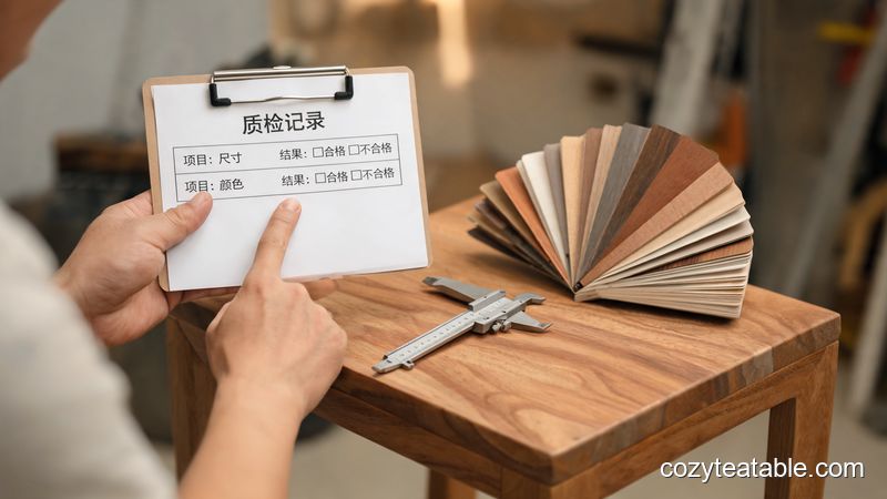质检员对照清单检查小茶几成品细节