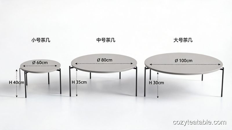 子母嵌套茶几三件套尺寸对比示意图