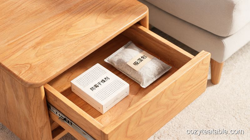 实木小茶几抽屉内放置防霉干燥剂盒和吸湿包,抽屉拉开一半