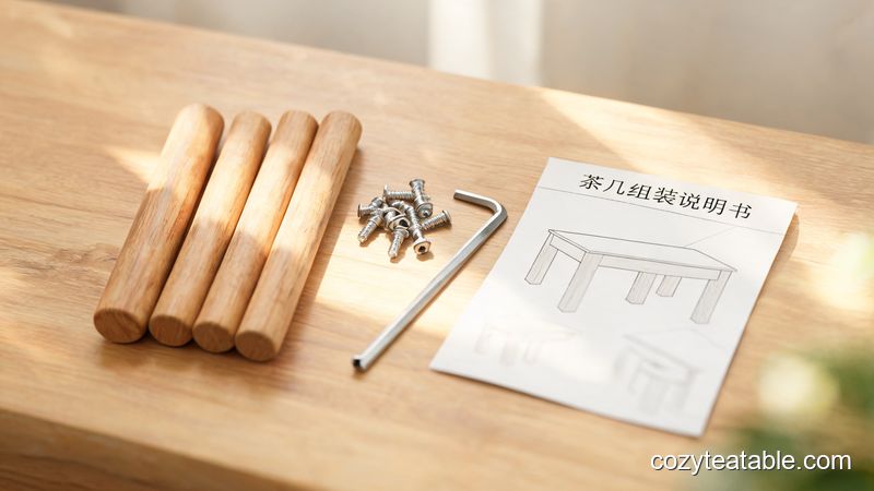 组装原木小茶几所需的内六角工具、螺丝和木腿零件平铺特写