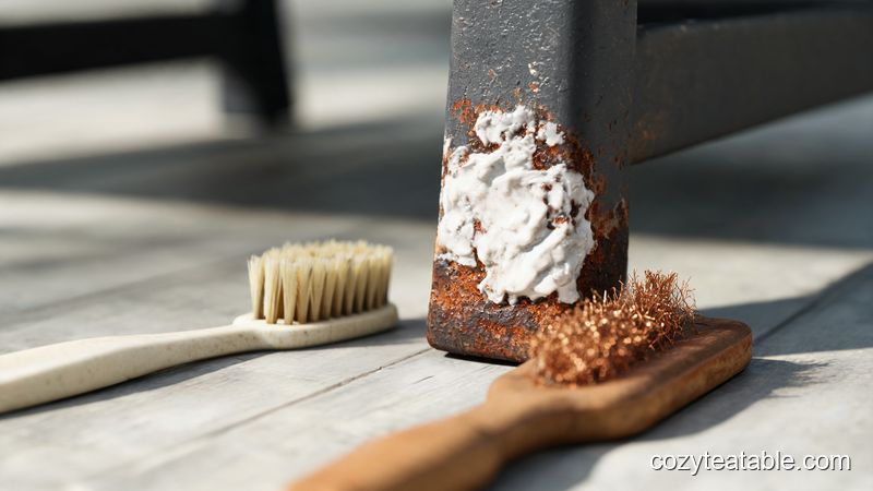 小苏打与白醋除锈糊状物涂抹在金属腿锈斑上的特写