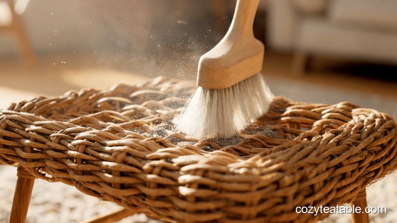 软毛刷清理藤编小茶几藤条缝隙中的灰尘
