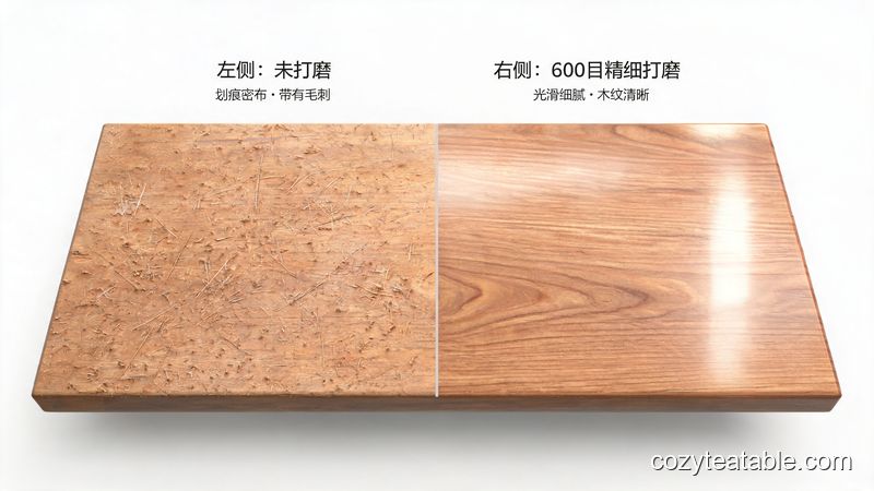 实木茶几面板打磨前后对比，左侧粗糙右侧光滑细腻
