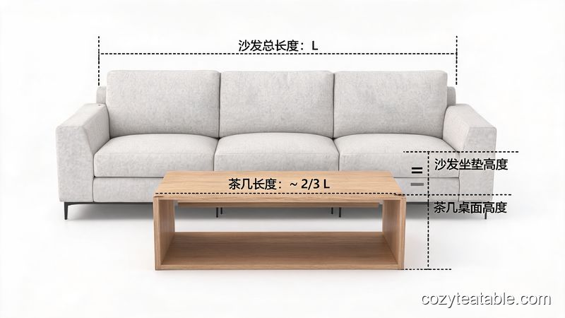 不同尺寸茶几与沙发搭配的比例示意图，展示高度和长度关系