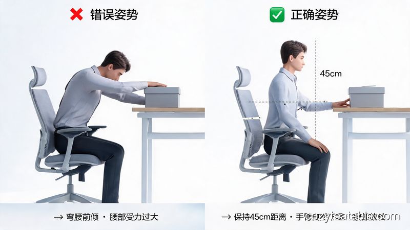 人体工学示意图对比了沙发与茶几之间45厘米正确距离与错误距离下的坐姿取物姿势
