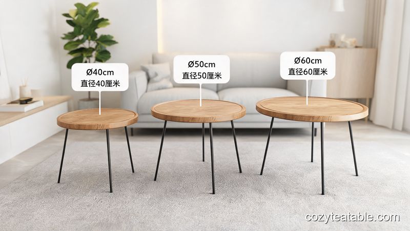 三种不同尺寸移动小茶几在客厅样板间中对比展示,帮助选择合适规格