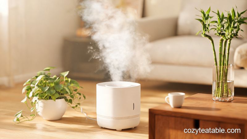 加湿器摆在距离实木小茶几一米外进行冬季保湿