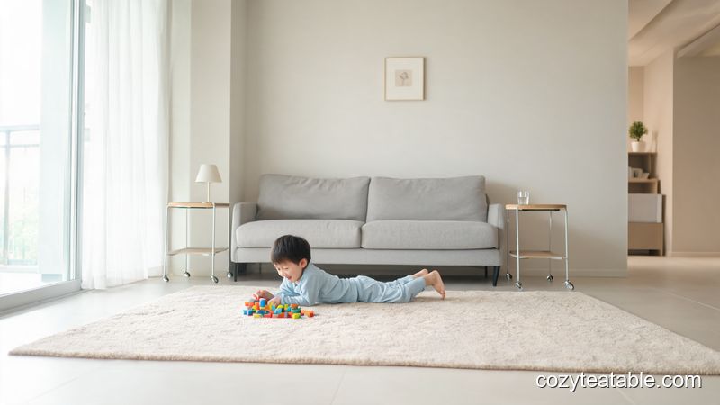 小户型客厅没有大茶几,中间铺设米色地毯,沙发旁放置两个移动边几