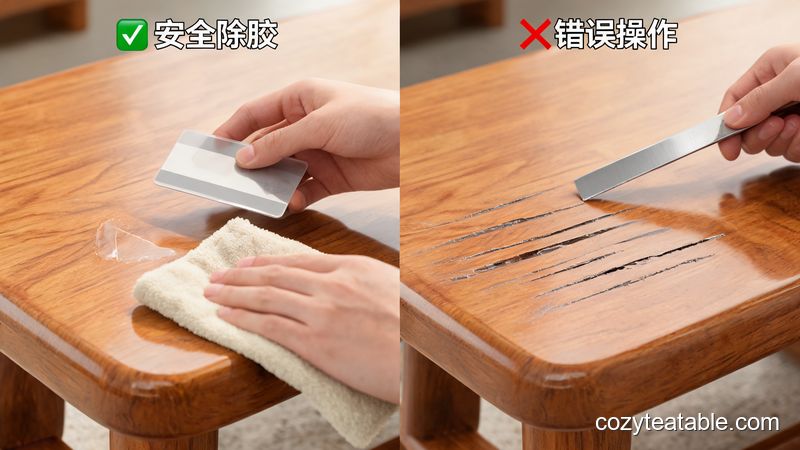 木质小茶几漆面除胶避坑对比：左侧为使用塑料卡片与软布的安全操作，右侧为金属刮刀划伤漆面的错误示范，高清微距，自然光，警示清晰