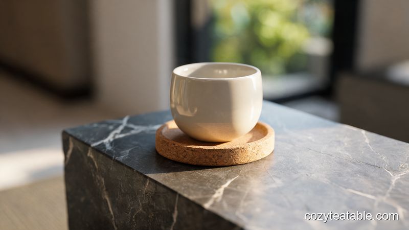 茶杯放在岩板茶几边缘附近的软木杯垫上防磕碰