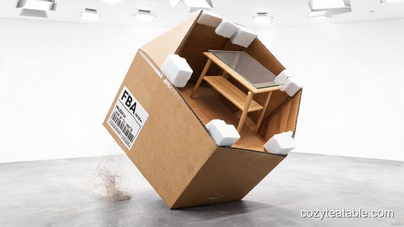 小茶几放入五层瓦楞纸箱内,四角有珍珠棉护角,外箱贴有FBA标签,模拟跌落测试撞击地面瞬间