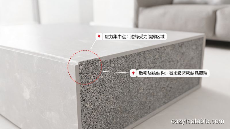 岩板小茶几边缘崩边风险与致密结构示意