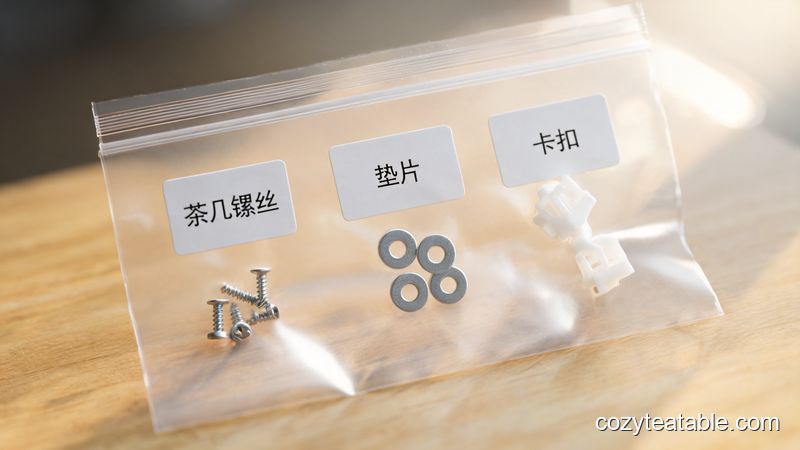 用透明密封袋分类收纳小茶几五金件并粘贴标签防丢失