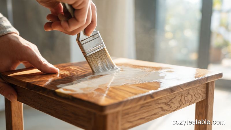 实木小茶几表面正涂刷环保水性漆，木纹清晰，自然阳光照射