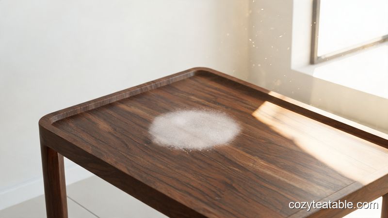 实木小茶几表面清晰可见的白色圆形烫痕特写