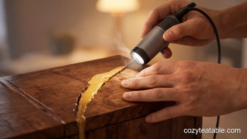 一双手用电吹风加热蜂蜡修复实木家具裂缝,暖黄色台灯光线