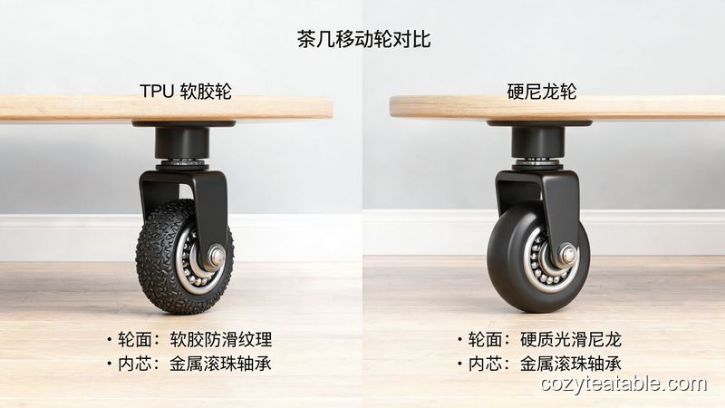 TPU静音轮与硬尼龙轮并排对比特写，金属轴承内芯细节丰富