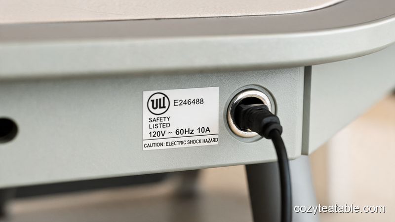 充电小茶几底部UL认证标签与电源接口特写