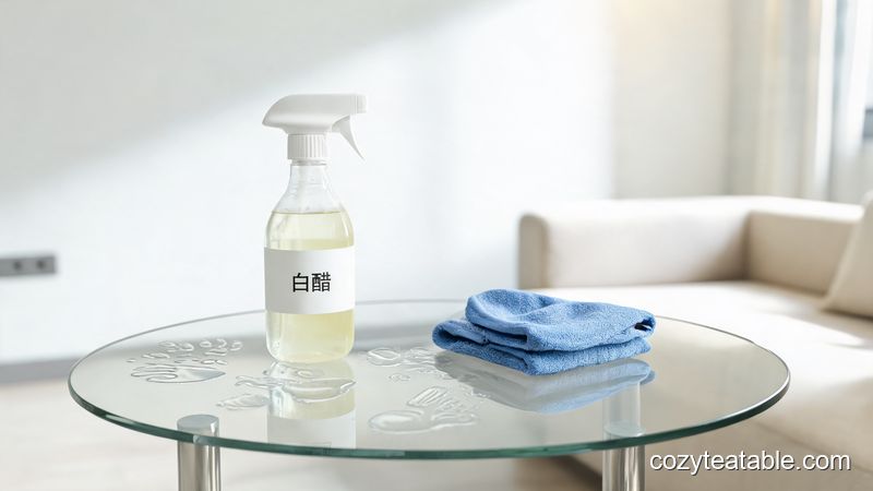 白醋喷瓶与微纤维布清洁玻璃小茶几的现代客厅桌面场景