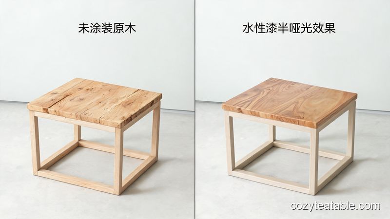 小茶几表面环保涂装前后对比，左侧为未涂装原木，右侧为水性漆半哑光效果
