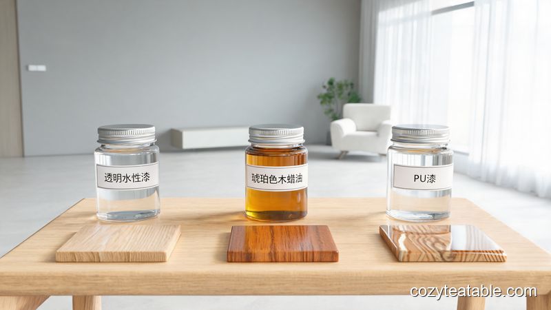 水性漆、PU漆与木蜡油三种小茶几环保涂装材料特性对比图