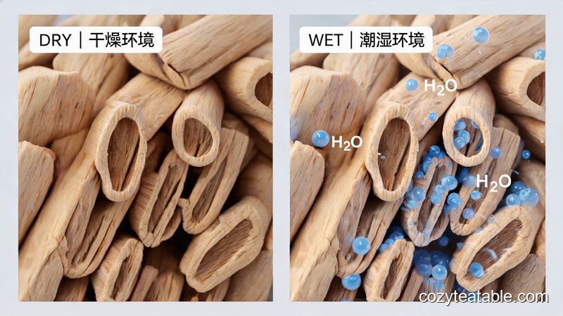 木材纤维吸潮膨胀与干燥收缩对比,蓝色水分子粒子在木纹中流动