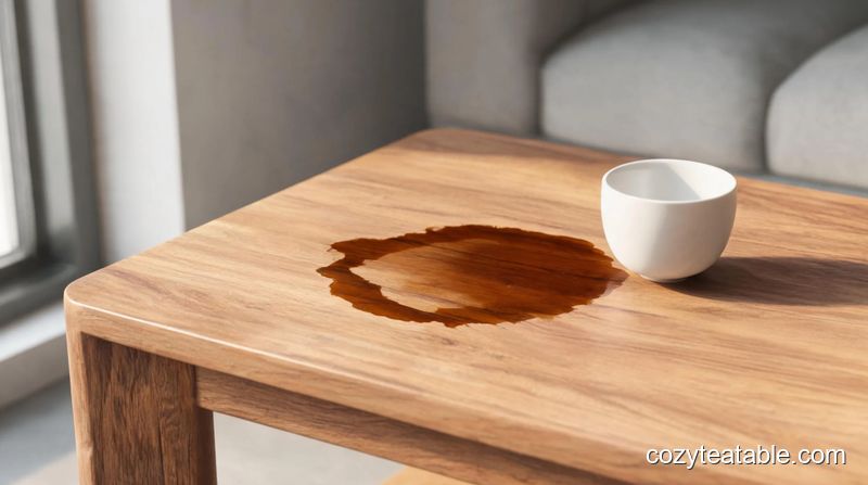 木质小茶几表面浓茶水洒落后留下的深褐色茶渍特写