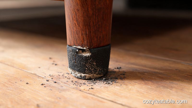 小茶几木腿底部磨损严重的旧脚垫与地板接触面特写